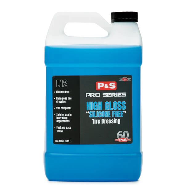 P&S Pro Series High Gloss Tire Dresser in a one-gallon container, offering an eco-friendly, silicone-free solution for tire care.