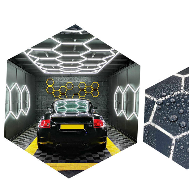 Elegant Vortex Hexa LED garage light in action, transforming a workspace with stylish illumination.