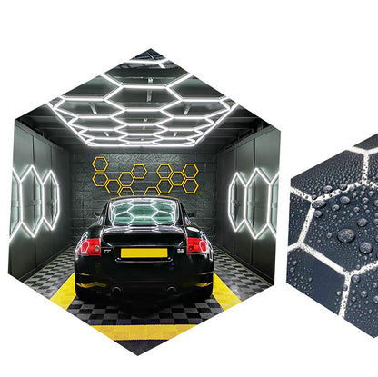 Elegant Vortex Hexa LED garage light in action, transforming a workspace with stylish illumination.