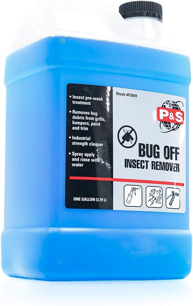 Front view of the one-gallon P&S Bug Off, highlighting the dilution guidelines and application tips for optimal results.