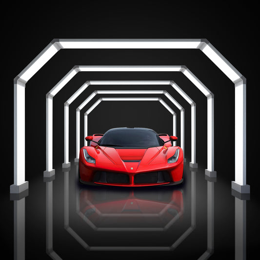 Portaleon SGE1006 Hexagon LED Tunnel Light installed in a garage, showcasing its unique depth illusion.