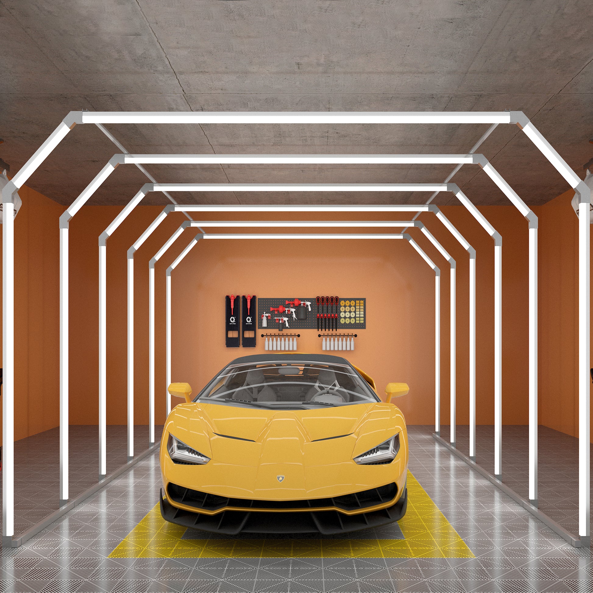Close-up of the Portaleon SGE1011 in action, illuminating a garage space with pure white, energy-efficient light.
