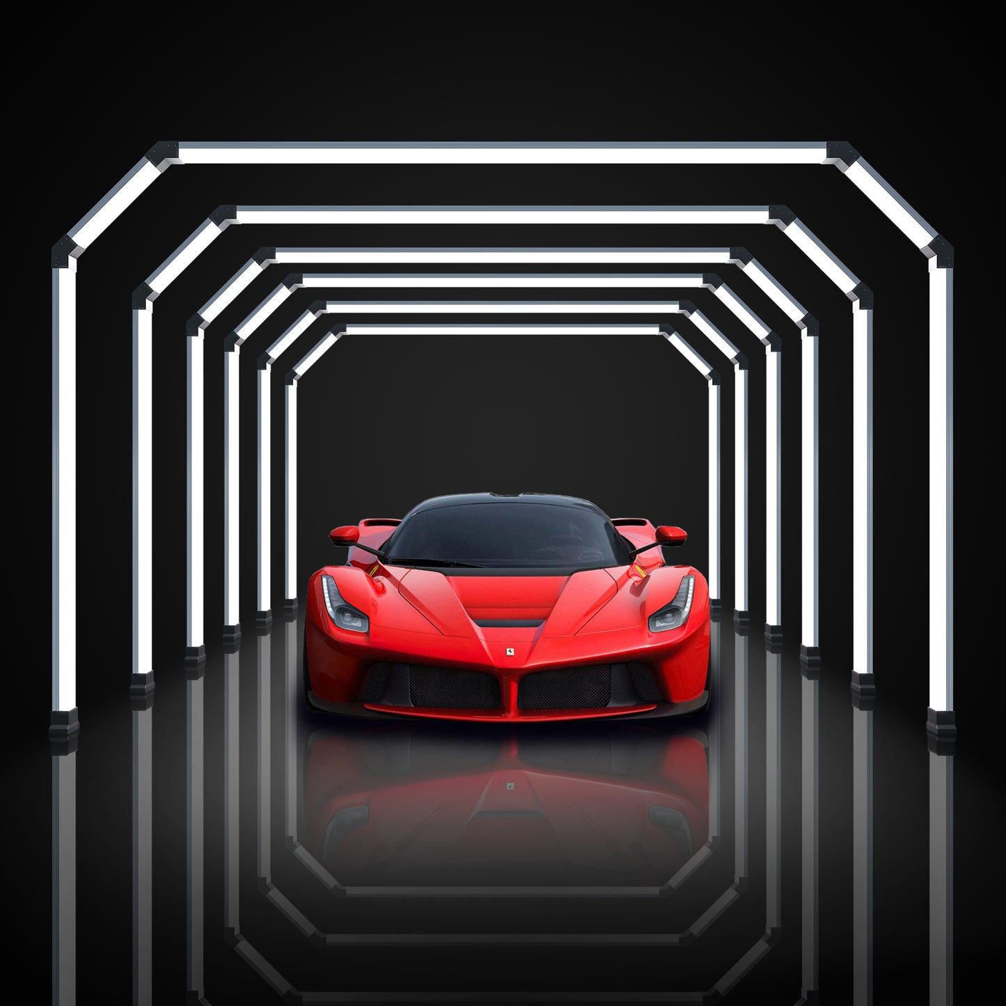 Portaleon SGE1009B Series II Tunnel Light illuminating a garage with its infinite glow, showcasing modern design.