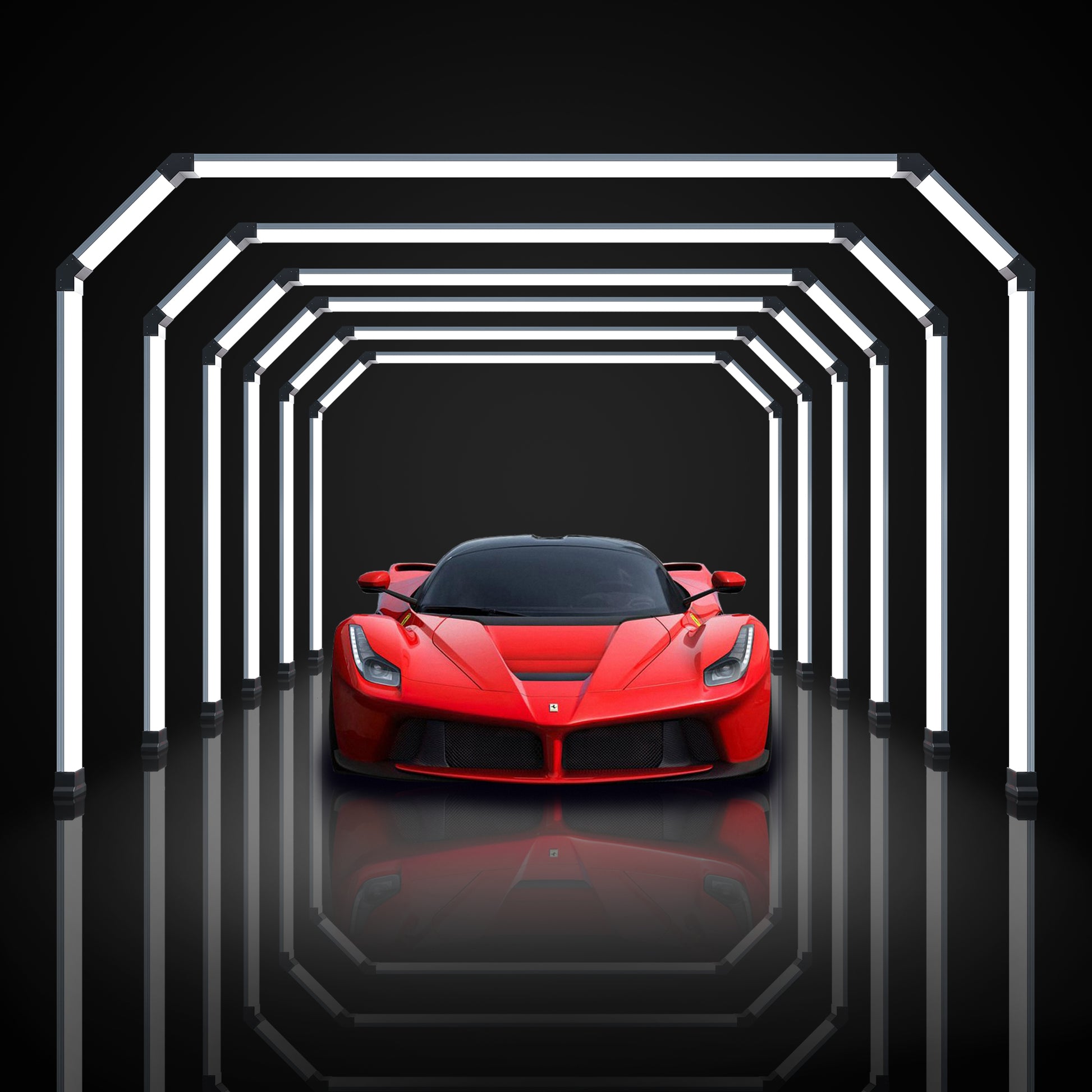 Portaleon SGE1009B Series II Tunnel Light illuminating a garage with its infinite glow, showcasing modern design.