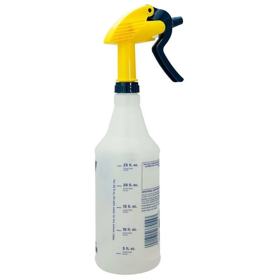 Back view of the ZEP 32 oz Professional Spray Bottle, showing product information and usage instructions