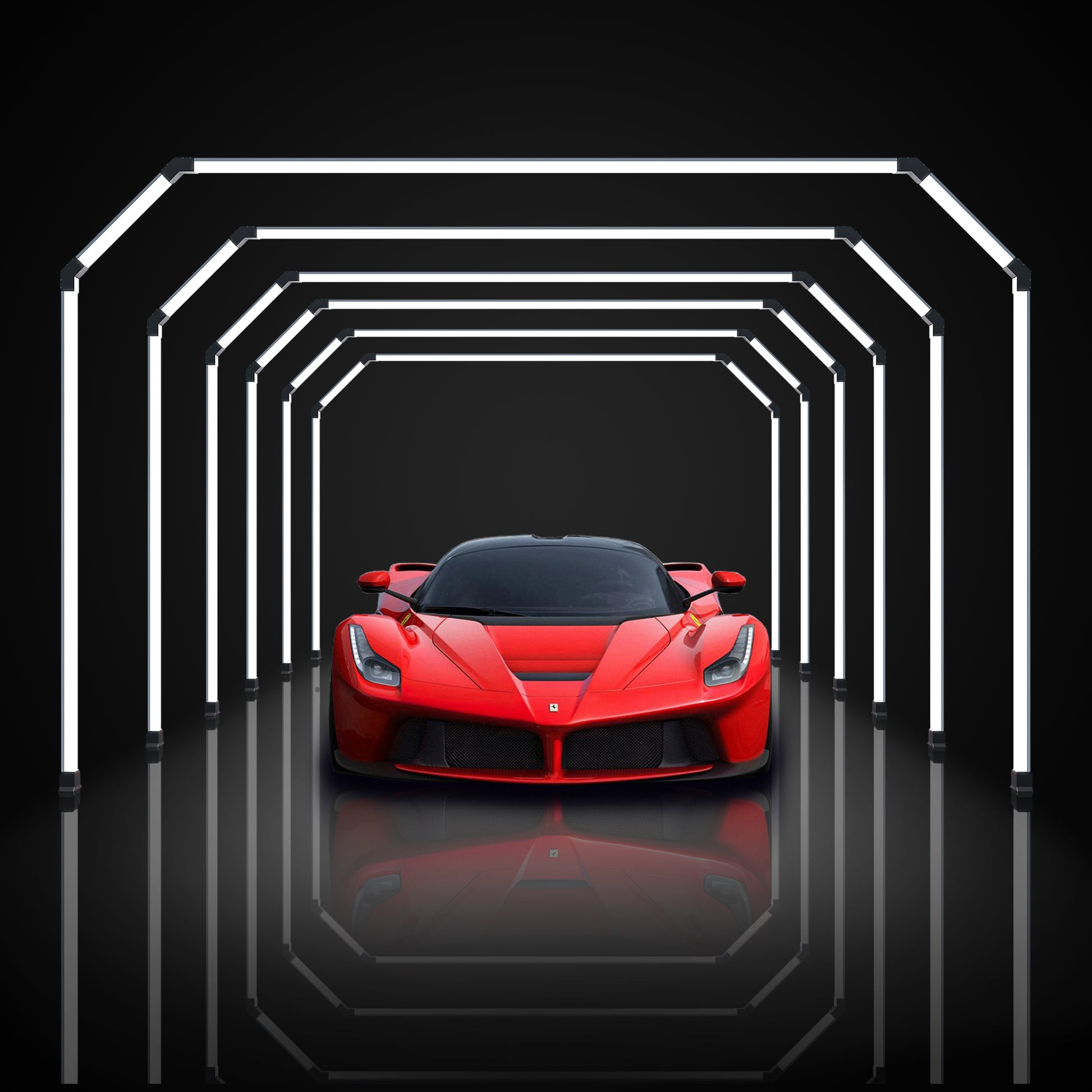 Innovative Portaleon SGE1011 Hexagon LED Tunnel Light installed in a garage, casting an elongated glow for enhanced depth.