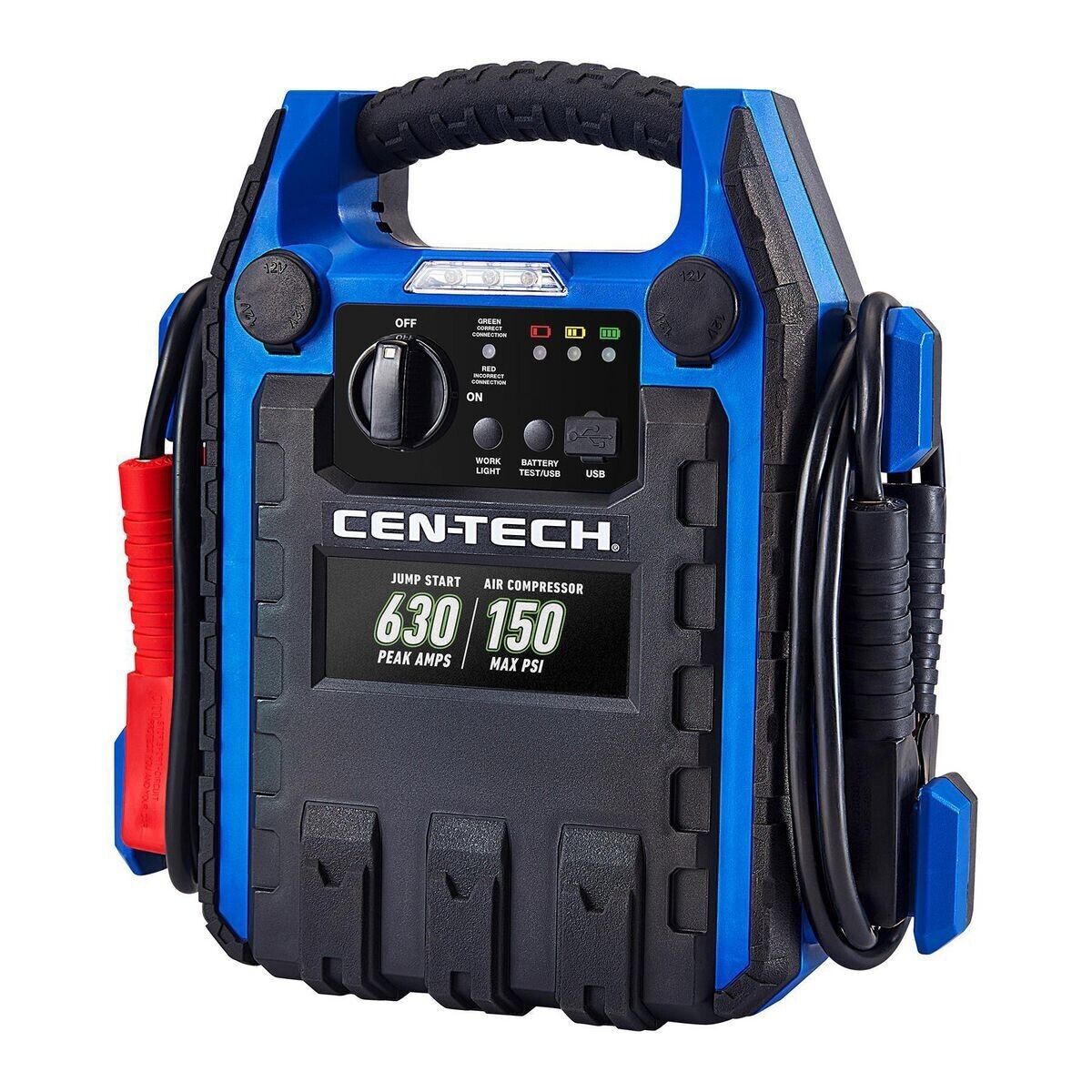 LED work light feature on the CEN-TECH 630 Peak Amp Jump Starter, illuminating workspaces in the dark.