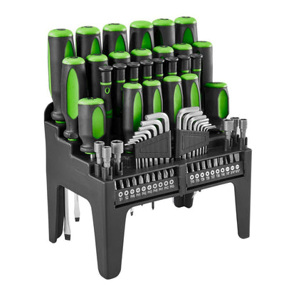 Showcase of the Pittsburgh Comfort Grip Screwdriver Set, 70-Piece, with diverse tools for every task.