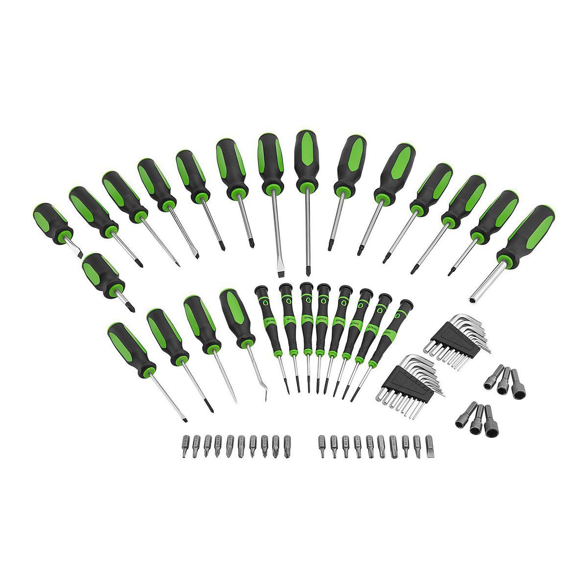 Detail view of the Pittsburgh 70 Piece Screwdriver Set tools, highlighting the chrome vanadium steel shafts and ergonomic TPR grips