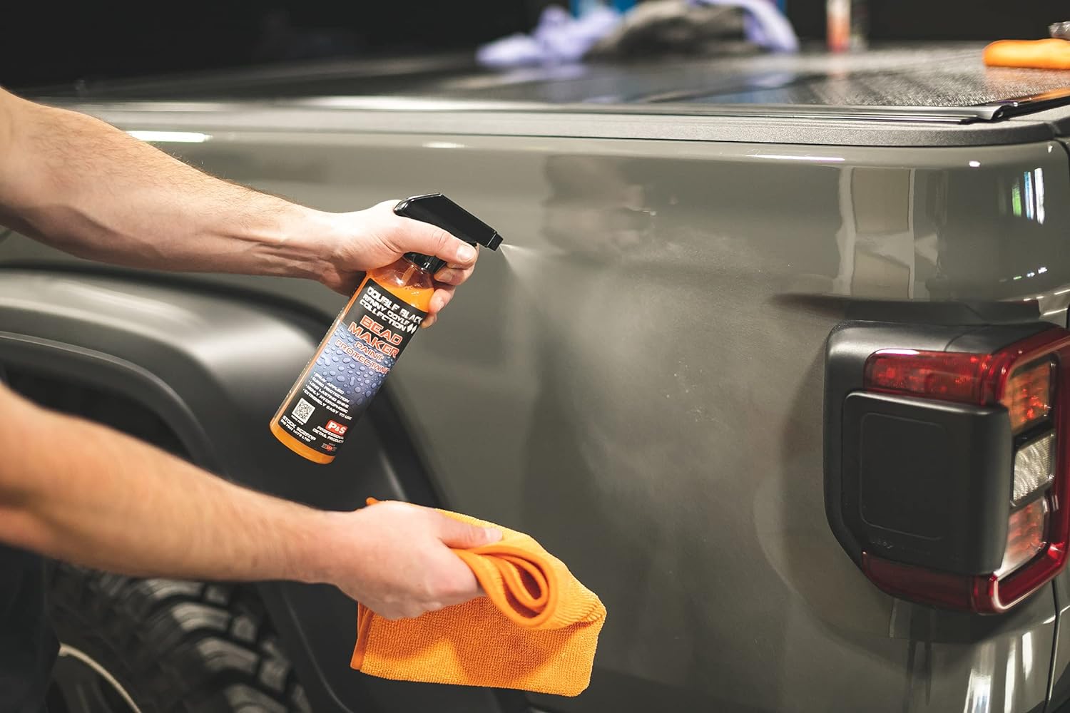 Application of P&S Bead Maker Paint Protectant in progress, showcasing the product’s ease of use and immediate shine.