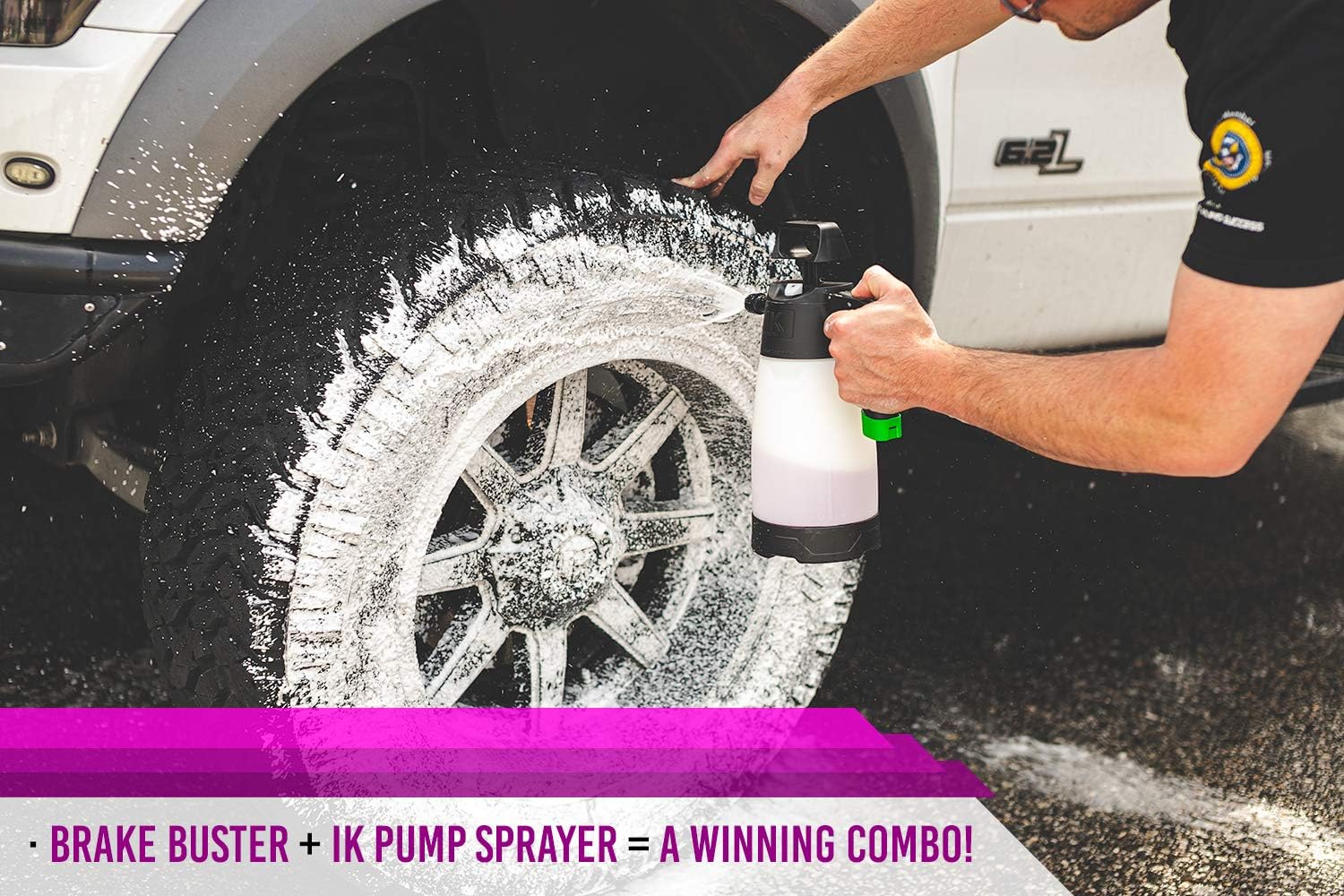 Close-up of a wheel being cleaned with P&S Brake Buster, demonstrating the cleaner's effective dirt penetration.