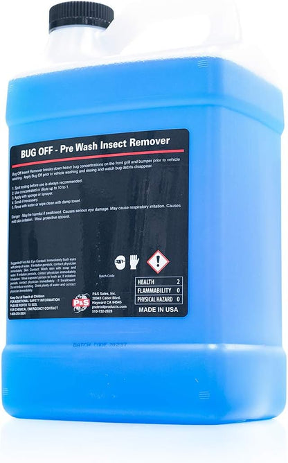 Back view of the one-gallon P&S Bug Off, highlighting the dilution guidelines and application tips for optimal results.