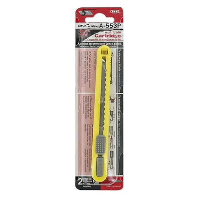 Packaged NT CUTTER A-553P, ready for professional use, featuring a built-in blade snapper and extra blade storage.