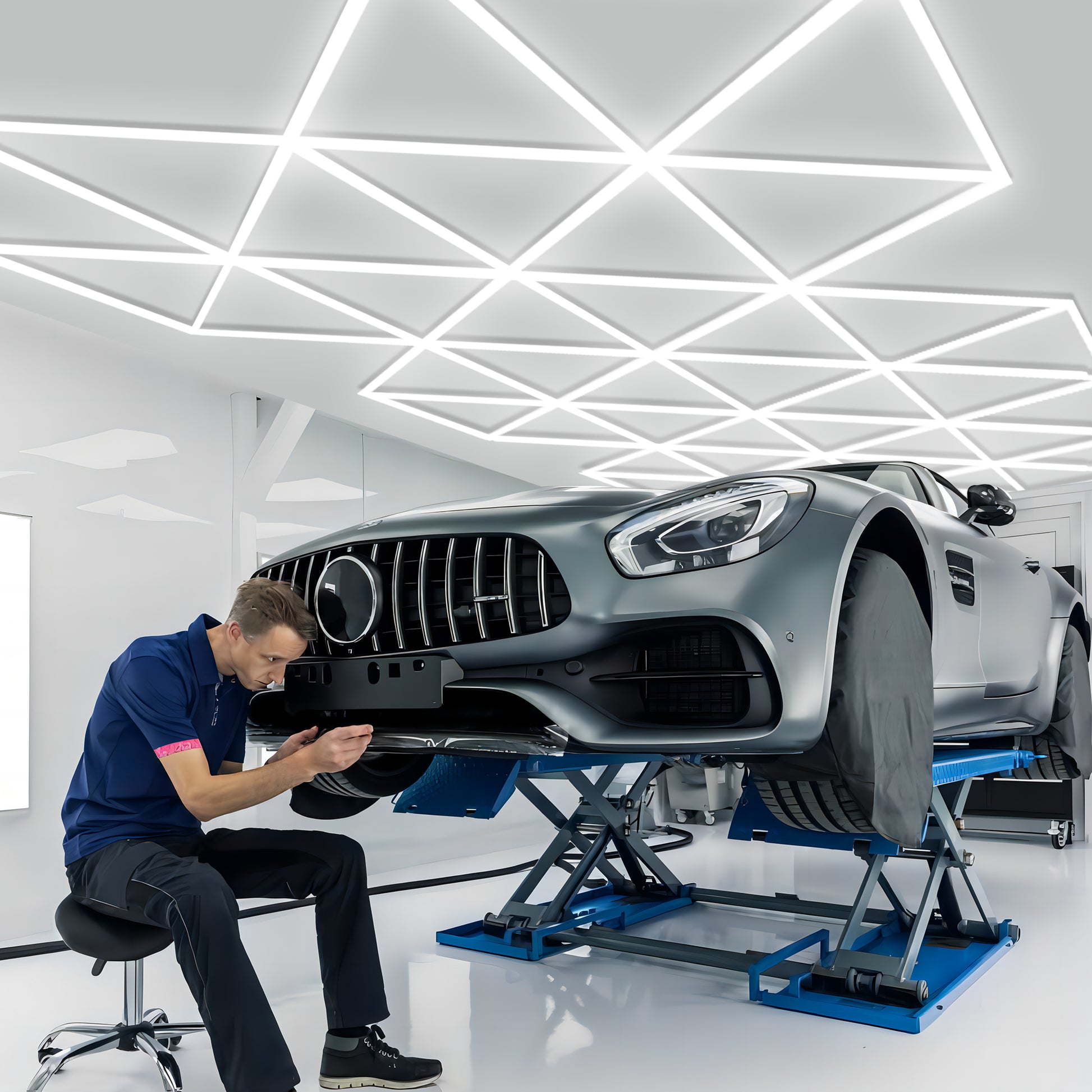 Multiple Serenity HexaLED Focus Lights ST6106 creating precise lighting arrangements in a contemporary garage setup.