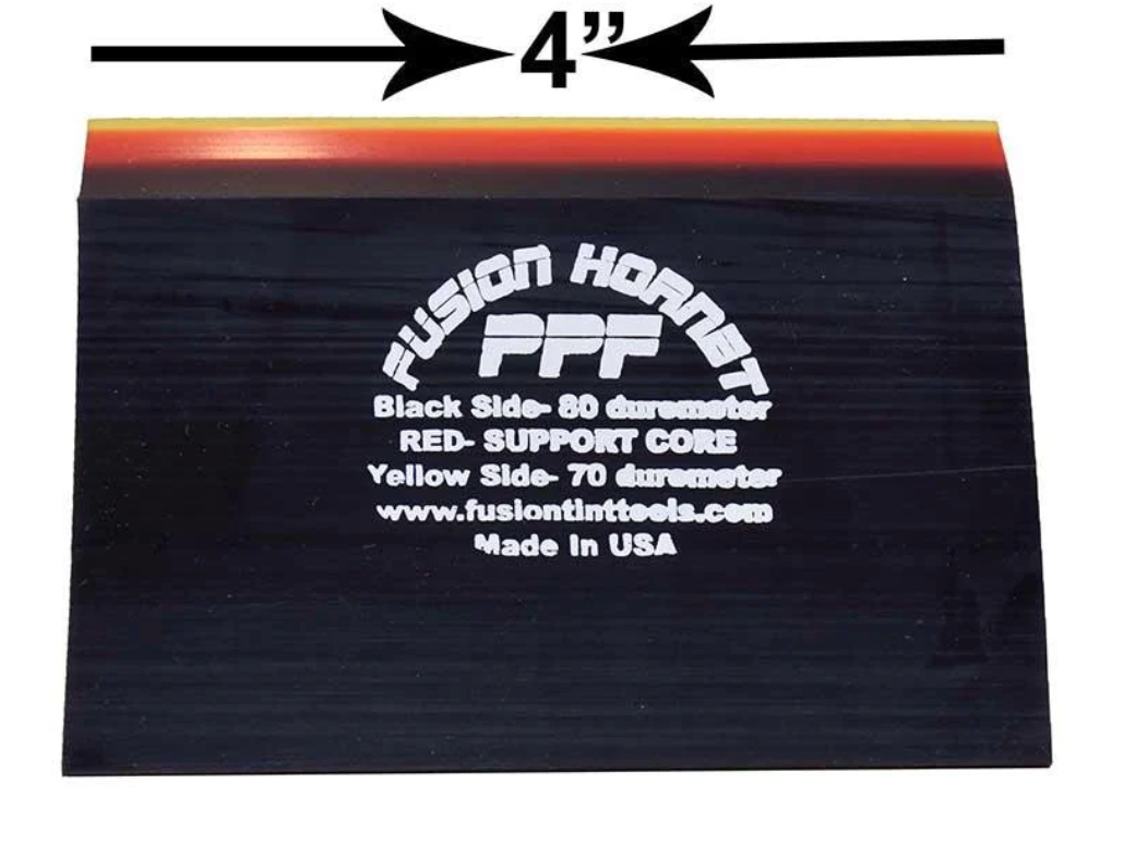 Fusion PPF Hornet Paddle Squeegee showcasing its unique triple durometer design and dimensions, ideal for expert PPF installation.