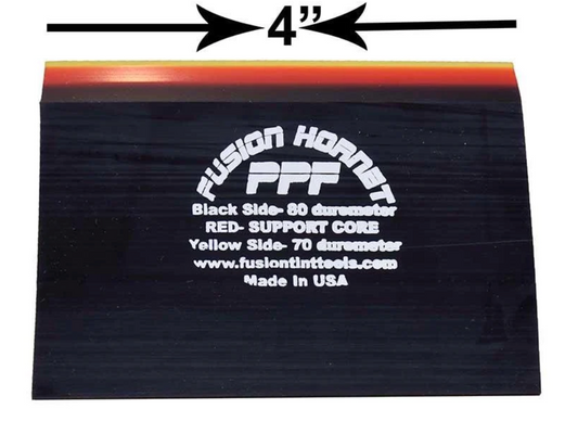 Fusion PPF Hornet Paddle Squeegee showcasing its unique triple durometer design and dimensions, ideal for expert PPF installation.