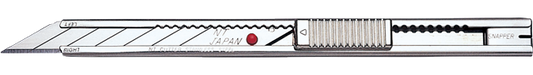 Close-up of the NT Cutter PRO AD-2P Stainless Steel Knife, showcasing its ergonomic design for left and right-handed users.