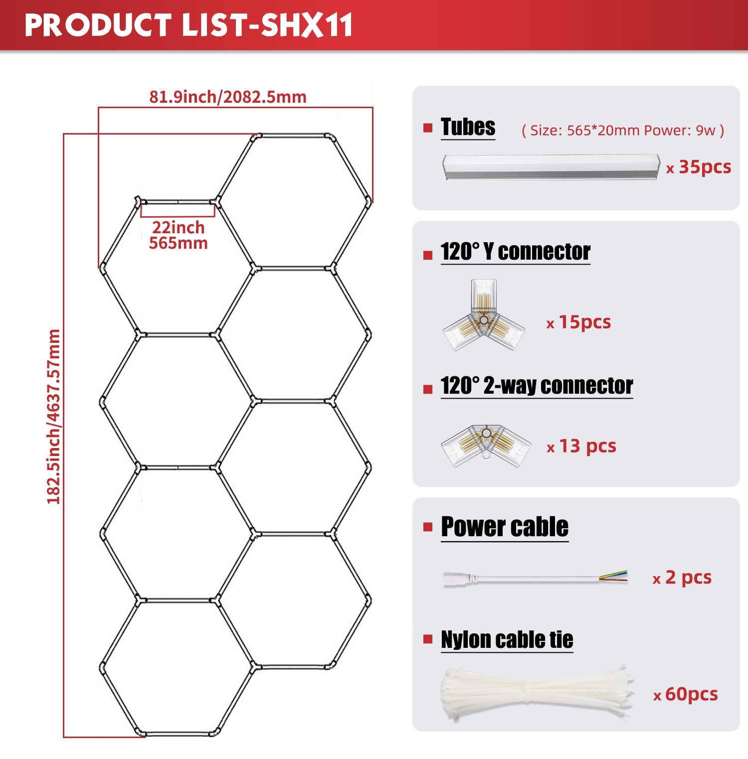 Nexus Hexa Light SHX11 dimensions illustrated, emphasizing its large coverage area for superior garage lighting.
