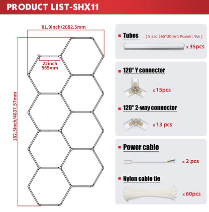 Nexus Hexa Light SHX11 dimensions illustrated, emphasizing its large coverage area for superior garage lighting.