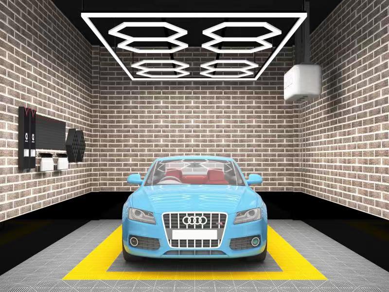 Vortex Hexa LED Light ST1018 illuminating a garage with bright, white light, showcasing captivating hexagonal design.