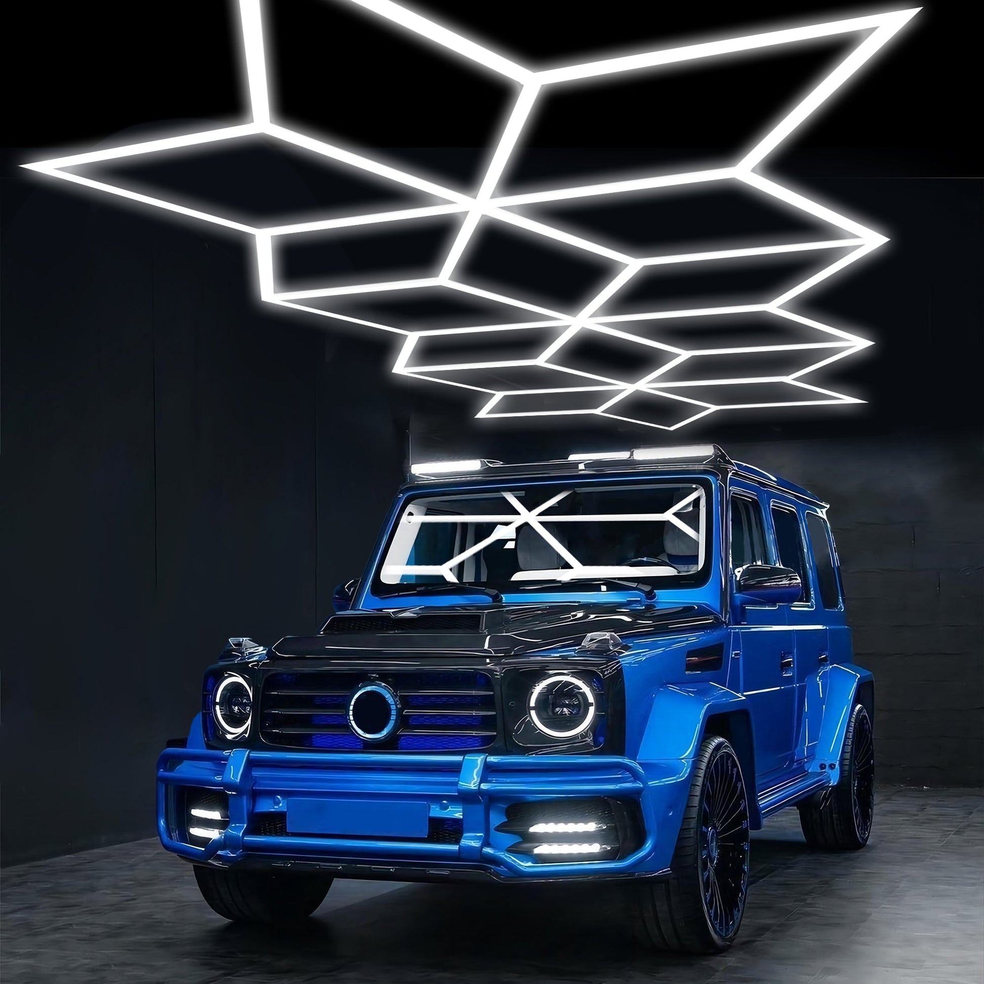 Showcasing Serenity HexaLED Glow Light ST6103, the pinnacle of hex LED garage lights, in a modern garage setting.