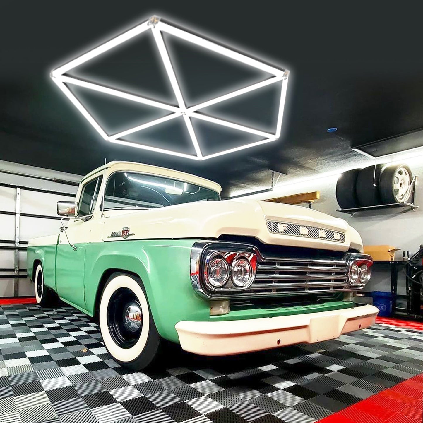 Serenity HexaLED Versatile Light ST6120 illuminating a garage, showcasing its adaptability and bright, ambient light.